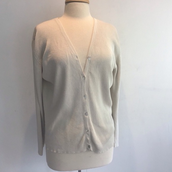 Silk blend 90s Y2K Coldwater Creek ribbed knit v neck cardigan. Beige XL - Picture 1 of 8